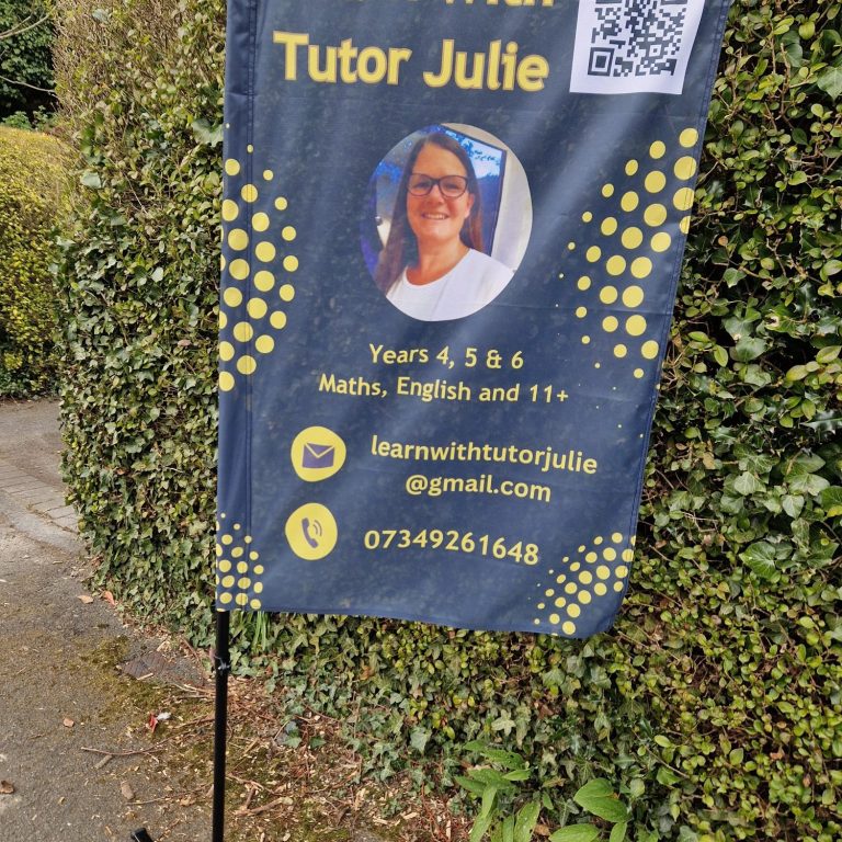 Learn with Tutor Julie advertising flag. Banner for Learn with Tutor Julie, featuring contact details and subjects offered: Maths, English and 11+.